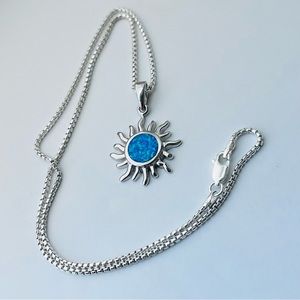 Sterling Silver Blue Lab Opal Sun Necklace, Silver Necklace, Sunshine Necklace